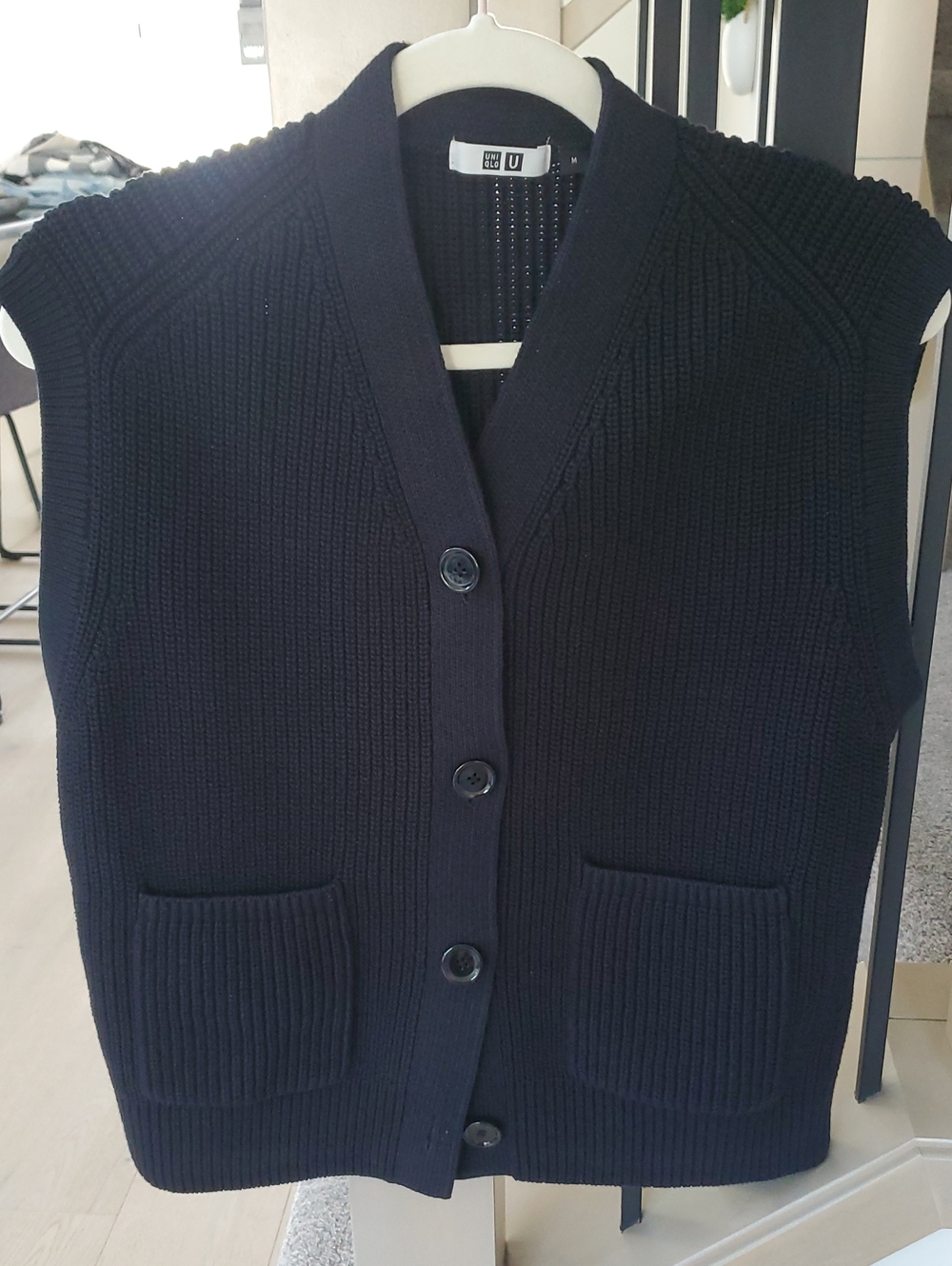 Uniqlo- Black Heavy Knit Button Up Vest, 55% Cotton/45% Poly, Soft Oversized M